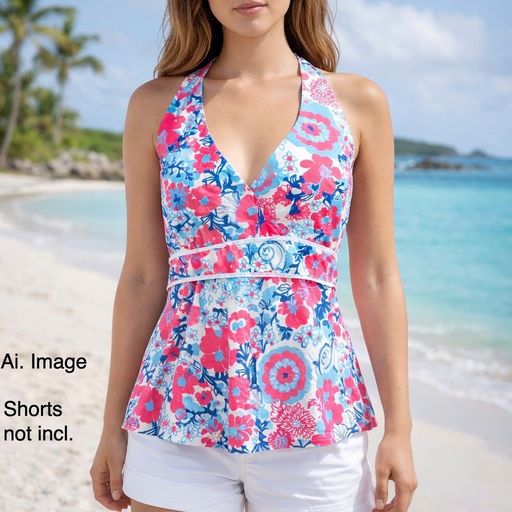 Lilly Pulitzer Women 12 Pink Blue Floral Halter Top Empire Waist Resort Vacation